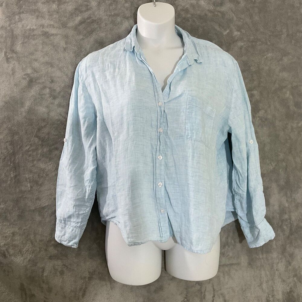 Jachs 100% Linen Blouse Top women’s XL Blue Button Up Collared Roll Tab sleeves